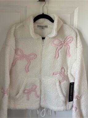 MADDEN GIRL cute cozy zip front fleece off white pink bows M NWT